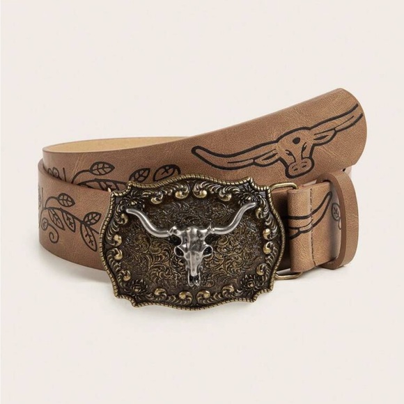 Vintage Buckle PU Leather Cowgirl Style Unisex Belt - Tan & Black - Picture 7 of 10